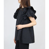 フリル 袖 トップス レディース 通販 カットソー フリルトップス プルオーバー シャツ フリル袖 半袖トップスレディース 半袖トップス フレアライン ドット 水玉 かわいい 可愛い