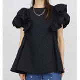 フリル 袖 トップス レディース 通販 カットソー フリルトップス プルオーバー シャツ フリル袖 半袖トップスレディース 半袖トップス フレアライン ドット 水玉 かわいい 可愛い