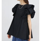 フリル 袖 トップス レディース 通販 カットソー フリルトップス プルオーバー シャツ フリル袖 半袖トップスレディース 半袖トップス フレアライン ドット 水玉 かわいい 可愛い