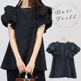 フリル 袖 トップス レディース 通販 カットソー フリルトップス プルオーバー シャツ フリル袖 半袖トップスレディース 半袖トップス フレアライン ドット 水玉 かわいい 可愛い