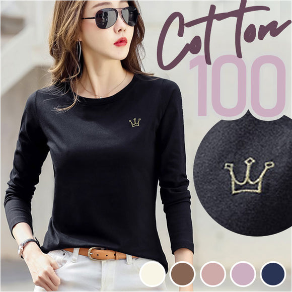Tシャツ レディース 長袖 通販 カットソー 丸首 部屋着 普段着 クルーネック ラウンドネック 刺繍 コットン 綿 カジュアル 薄手 シンプル 着まわし 夏 トップス