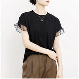 Tシャツ レディース 半袖 通販 クルーネック メッシュ フリル レース 綿 コットン カジュアル シンプル 柔らかい 春 夏 秋 トップス おしゃれ かわいい