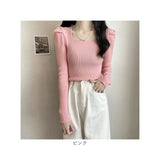 ニット セーター レディース 通販 ニットセーター シャツ スリーブセーター ニットソー スクエアネック 長袖 パフスリーブ ローネック かわいい 無地 シンプル トップス エレガント 春 秋