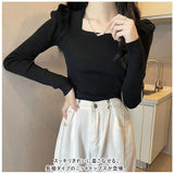 ニット セーター レディース 通販 ニットセーター シャツ スリーブセーター ニットソー スクエアネック 長袖 パフスリーブ ローネック かわいい 無地 シンプル トップス エレガント 春 秋