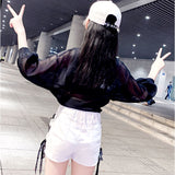 キッズダンス 衣装 女の子 通販 キッズ ダンス衣装 前結び シャツ シースルー ブラウス シアートップス シアーシャツ ショート丈 ドルマンスリーブ ゆったり 7分袖 七分袖 襟付き