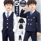 キッズ フォーマルスーツ 男の子 5点セット 通販 子供スーツ 子どもスーツ スーツ フォーマル 男子 5点 セット ボーダー ストライプ 長ズボン ネクタイ ジャケット 白シャツ ベスト