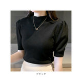 パフスリーブ 半袖 ニット 通販 サマーニット サマーセーター レディース ハイネック 秋 春夏 春 リブニット リブ 通勤 オフィス カジュアル きれいめ おしゃれ シンプル 無地 大人