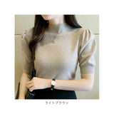 パフスリーブ 半袖 ニット 通販 サマーニット サマーセーター レディース ハイネック 秋 春夏 春 リブニット リブ 通勤 オフィス カジュアル きれいめ おしゃれ シンプル 無地 大人