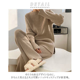セットアップ ニット パンツ 通販 セーター 2点セット レディース 長袖 ロングパンツ ワイドパンツ ラウンドネック スリット入り 無地 ゆったり 着回し 秋 冬 かわいい おしゃれ