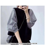 ブラウス レディース 7分袖 通販 パフスリーブ ドッキング カットソー 無地 フェミニン カジュアル きれいめ シンプル 大人 ギンガムチェック パワショル かわいい 韓国 春 夏 秋