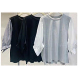 ブラウス レディース 7分袖 通販 パフスリーブ ドッキング カットソー 無地 フェミニン カジュアル きれいめ シンプル 大人 ギンガムチェック パワショル かわいい 韓国 春 夏 秋