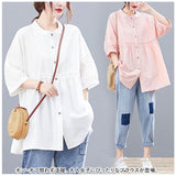 シャツ ブラウス レディース ロング 通販 シャツブラウス ロングシャツ 前開き 七分袖 ラウンドネック ゆったり 体型カバー フリル コットン 無地 切り替え トップス かわいい おしゃれ