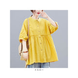 シャツ ブラウス レディース ロング 通販 シャツブラウス ロングシャツ 前開き 七分袖 ラウンドネック ゆったり 体型カバー フリル コットン 無地 切り替え トップス かわいい おしゃれ