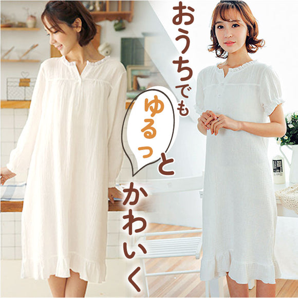 パジャマ ワンピース 可愛い 通販 ルームウェア ネグリジェ 部屋着 ナイトウェア 寝間着 寝巻き 綿 コットン ダブルガーゼ おしゃれ レディース ゆったり ロング Vネック フリル シンプル