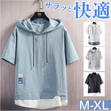 半袖パーカー メンズ 夏用 通販 パーカー 半袖 夏 フード付きTシャツ プルオーバーパーカー Tシャツ トップス 薄手 切り替え レイヤード風 通気性 速乾性 シンプル カジュアル 重ね着風