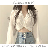 シャツブラウス 長袖 ショート丈 レディース 通販 シャツ ブラウス レディースシャツ レディースブラウス クロップド丈 襟付きシャツ セクシー カジュアルシャツ カジュアル 無地