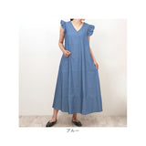 デニムワンピース レディース 通販 ワンピース ロングワンピース ロングワンピ デニムワンピ ワンピ デニム ロング丈 ロング フレア袖 Aライン 無地 シンプル Vネック ゆったり