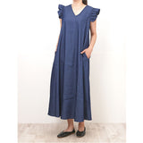 デニムワンピース レディース 通販 ワンピース ロングワンピース ロングワンピ デニムワンピ ワンピ デニム ロング丈 ロング フレア袖 Aライン 無地 シンプル Vネック ゆったり