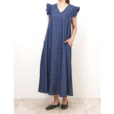 デニムワンピース レディース 通販 ワンピース ロングワンピース ロングワンピ デニムワンピ ワンピ デニム ロング丈 ロング フレア袖 Aライン 無地 シンプル Vネック ゆったり