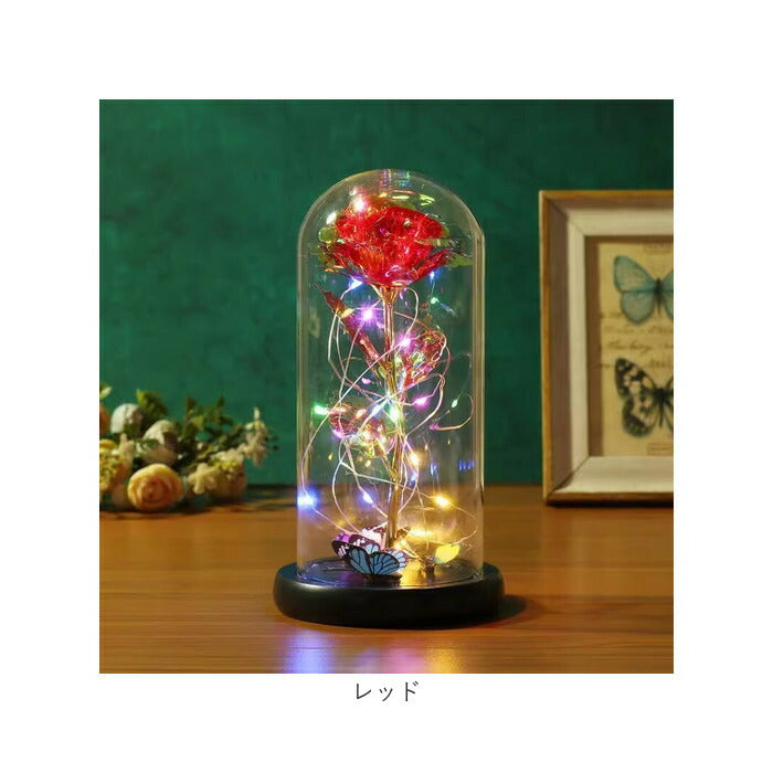 ガラスドーム ライト 通販 フラワーライト 卓上ライト LED ガラス ドームライト LEDライト フラワー 花 バラ 蝶 オブジェ 置物 ガラスアート 作り物の花 一輪 室内 リビング