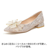 ビジュー パンプス リボン 通販 靴 シューズ ポインテッドパンプス ローヒールパンプス レディース 歩きやすい ヒール3cm ゴム底 かわいい おしゃれ お洒落 レディースシューズ