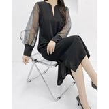 ワンピース レディース 長袖 通販 ロングワンピース ロングワンピ ワンピ フォーマルワンピ ロング丈 ロング ボリューム袖 シアー袖 シフォン ゆったり 体型カバー 無地 カジュアル