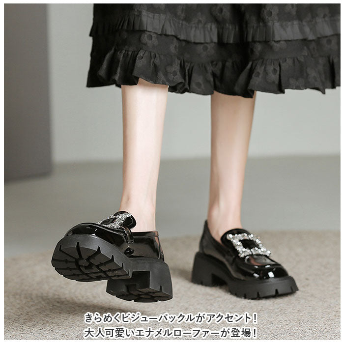 厚底ローファー PUレザーシューズ レディース Lace Ladies ローファー レザー調 厚底 クラシカル レースアップ