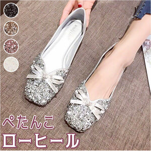 ローヒール パンプス おしゃれ 通販 フラットシューズ バレエシューズ 靴 くつ シューズ スクエアトゥ ぺたんこ 軽量 痛くない 疲れにくい Vカット 柔らか リボン キラキラ 通勤 通学