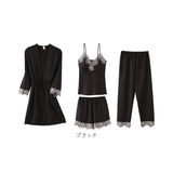 ルームウェア レディース 通販 パジャマ 部屋着 寝間着 ナイトウェア 4点セット セット 半ズボン 長ズボン キャミソール カップ付き 羽織 ガウン シンプル 無地 レース サテン 春 夏 秋