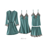 ルームウェア レディース 通販 パジャマ ナイトウェア 部屋着 寝間着 4点セット セット 春 夏 半ズボン ショートパンツ キャミソール カップ付き 羽織 ガウン シンプル 無地 レース