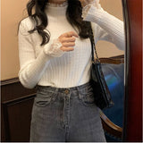 レース付きリブニット トップス 通販 ニット 長袖 リブニット セーター レース付き レディース クルーネック ハイネック 重ね着 大人可愛い フェミニン 韓国風 可愛い きれいめ 上品