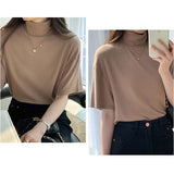 tシャツ 通販 カットソー レディースTシャツ トップス 半袖 ハイネック オフィスカジュアル モックネック 通勤 通学 女性 レディース ゆったり ゆるT 無地 ストレッチ 大きいサイズ