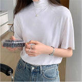 モックネックTシャツ 通販 半袖カットソー ドロップショルダー タートルネック ストレッチ素材 カジュアル 伸縮性 ゆるTシャツ 無地 シンプル 首元カバー 日よけ対策 プルオーバー 春夏秋