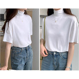 モックネックTシャツ 通販 半袖カットソー ドロップショルダー タートルネック ストレッチ素材 カジュアル 伸縮性 ゆるTシャツ 無地 シンプル 首元カバー 日よけ対策 プルオーバー 春夏秋