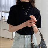 モックネックTシャツ 通販 半袖カットソー ドロップショルダー タートルネック ストレッチ素材 カジュアル 伸縮性 ゆるTシャツ 無地 シンプル 首元カバー 日よけ対策 プルオーバー 春夏秋