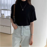 モックネックTシャツ 通販 半袖カットソー ドロップショルダー タートルネック ストレッチ素材 カジュアル 伸縮性 ゆるTシャツ 無地 シンプル 首元カバー 日よけ対策 プルオーバー 春夏秋