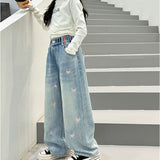 ワイドパンツ キッズ 女の子 通販 ハート 刺繍 デニム デニムパンツ ロングパンツ パンツ 長ズボン ズボン ジーンズ ジーパン ボトムス 子供服 ジュニア ガールズ 春 秋 カジュアル