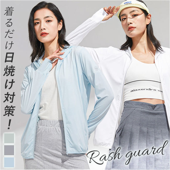 パーカー レディース 薄手 夏 通販 ラッシュガード アウター 上着 羽織 羽織もの 長袖 ジップアップ ひんやり 速乾 指穴 フード付き メッシュ切り替え シンプル 無地 日焼け防止 日除け