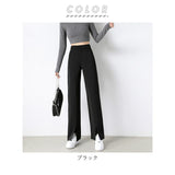 パンツ レディース きれいめ 通販 ストレートパンツ ボトムス ハイウエスト ロングパンツ ワイドパンツ ズボン ストレート スラックス スリット入り センタースリット 大人かわいい