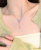 ネックレス レディース シンプル 通販 ペンダント ジュエリー レディースアクセサリー リボン ストーン 大人 かわいい おしゃれ 可愛い オシャレ 大人っぽい シルバー リボンストーン