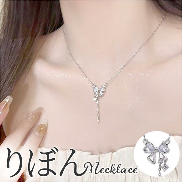 ネックレス レディース シンプル 通販 ペンダント ジュエリー レディースアクセサリー リボン ストーン 大人 かわいい おしゃれ 可愛い オシャレ 大人っぽい シルバー リボンストーン
