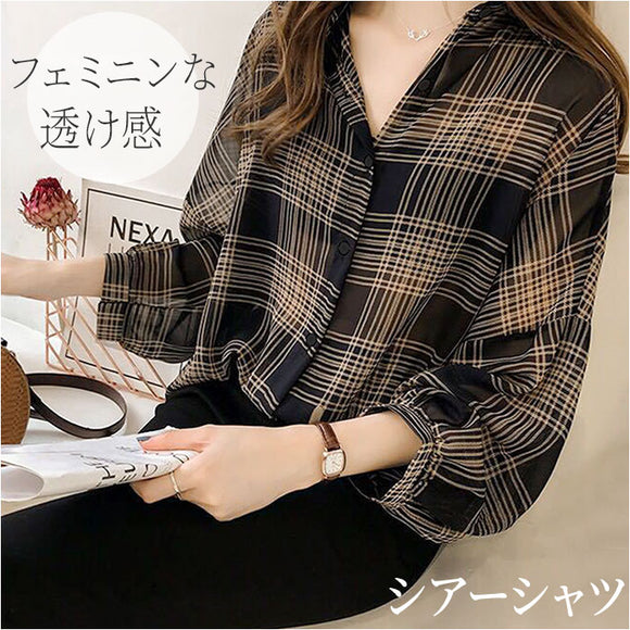 シアーシャツ チェック 通販 シアーブラウス シアー ブラウス 長袖シャツ レディース トップス シースルーシャツ シャツ チェック柄 薄手 透け感 羽織り 春夏秋 冷房対策 カジュアル