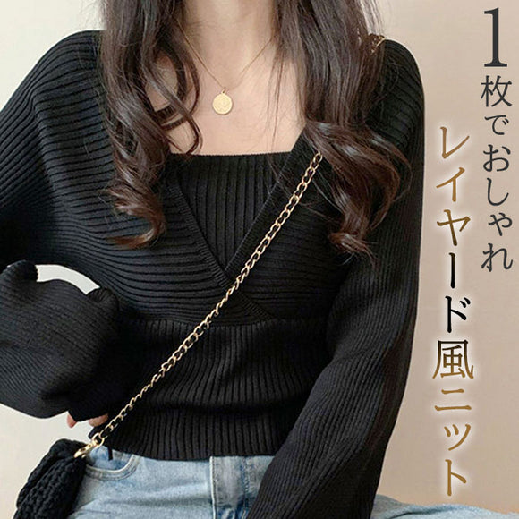 ニット レディース 長袖 通販 ショート丈 レディースニットセーター 長袖ニット レイヤード風ニット トップス プルオーバー カシュクール 秋冬 可愛い かわいい オシャレ おしゃれ 長そで