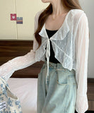 カーディガン レディース ショート丈 通販 シアーカーディガン ボレロ ショートカーディガン カーデガン 羽織もの はおりもの 薄手 長袖 小花柄 フリル トップス 大人 かわいい おしゃれ