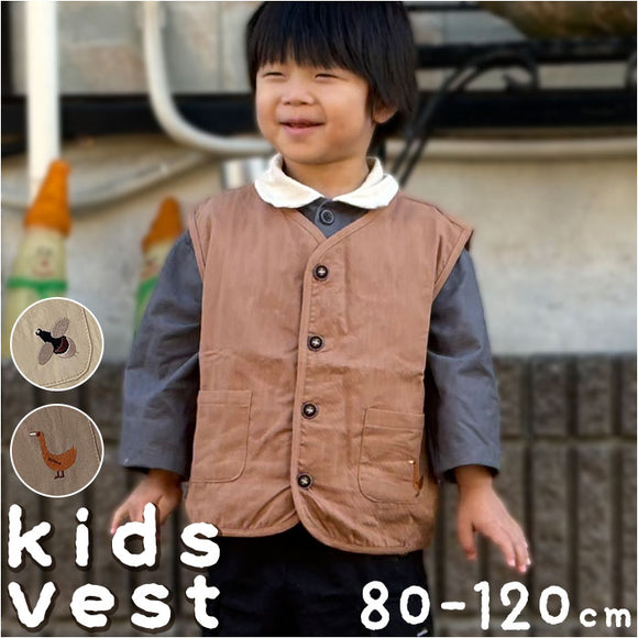 キッズ ベスト ボタン 通販 重ね着 ノースリーブ 子ども服 子供服 キッズ服 女の子 女子 男の子 男子 ポケット 刺繍 春 秋 男女兼用 ユニセックス 男児 女児 子供 子ども こども ガールズ