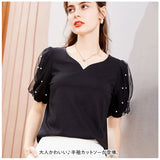 カットソー 半袖 レディース 通販 パフスリーブ tシャツ バルーン バルーン袖 きれいめ 上品 エレガント シフォン レディーストップス パール おしゃれ お洒落 かわいい 可愛い 大人