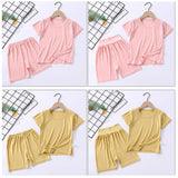 キッズルームウェア 通販 パジャマ 上下セット 2点 部屋着 寝巻 子供服 ジュニア Tシャツ 半ズボン ショートパンツ 短パン ハイウエスト 無地 シンプル カジュアル 旅行 お泊り 薄手