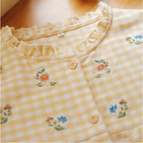 パジャマ レディース 長袖 通販 ルームウェア 寝巻き 寝間着 ナイトウェア 綿 コットン 前開き 秋 冬 長ズボン 上下セット チェック 刺繍 旅行 お泊り 入院 部屋着 室内着 かわいい