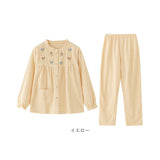 パジャマ レディース 長袖 通販 ルームウェア 寝巻き 寝間着 ナイトウェア 綿 コットン 前開き 秋 冬 長ズボン 上下セット チェック 刺繍 旅行 お泊り 入院 部屋着 室内着 かわいい