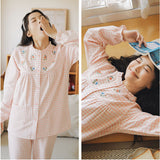 パジャマ レディース 長袖 通販 ルームウェア 寝巻き 寝間着 ナイトウェア 綿 コットン 前開き 秋 冬 長ズボン 上下セット チェック 刺繍 旅行 お泊り 入院 部屋着 室内着 かわいい